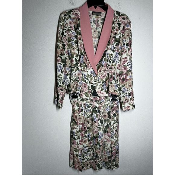 Rare Vintage Wrapper Bohemian 2 pcs Floral Print Suit Blazer Skirt Pink Trim SzS - Picture 3 of 16